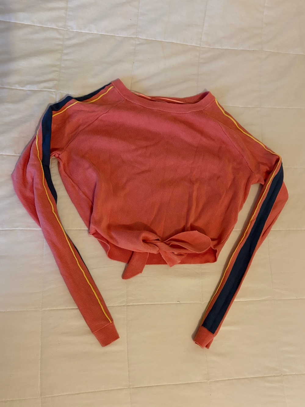 Coral Tie-Front Crop Sweater Top with Blue & Yellow Stripes